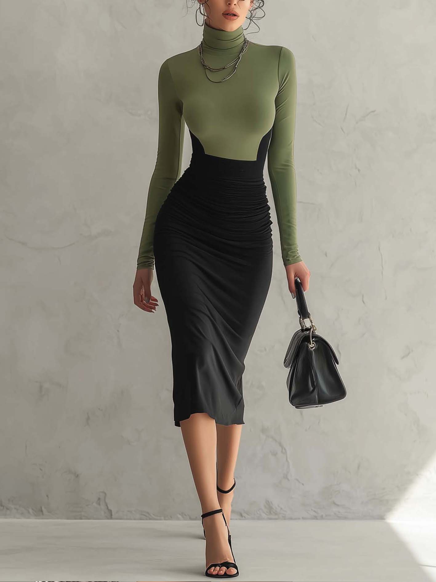 Olive Green And Black Color Block Turtleneck Bodycon Midi Dress