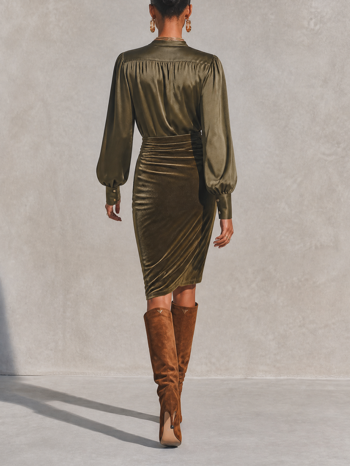 Olive Green Satin Bishop Sleeve Velvet Wrap Slit Midi Dress
