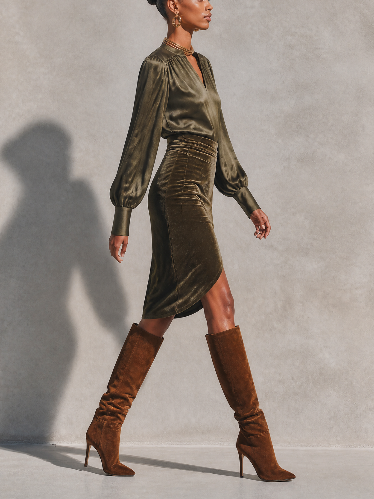 Olive Green Satin Bishop Sleeve Velvet Wrap Slit Midi Dress