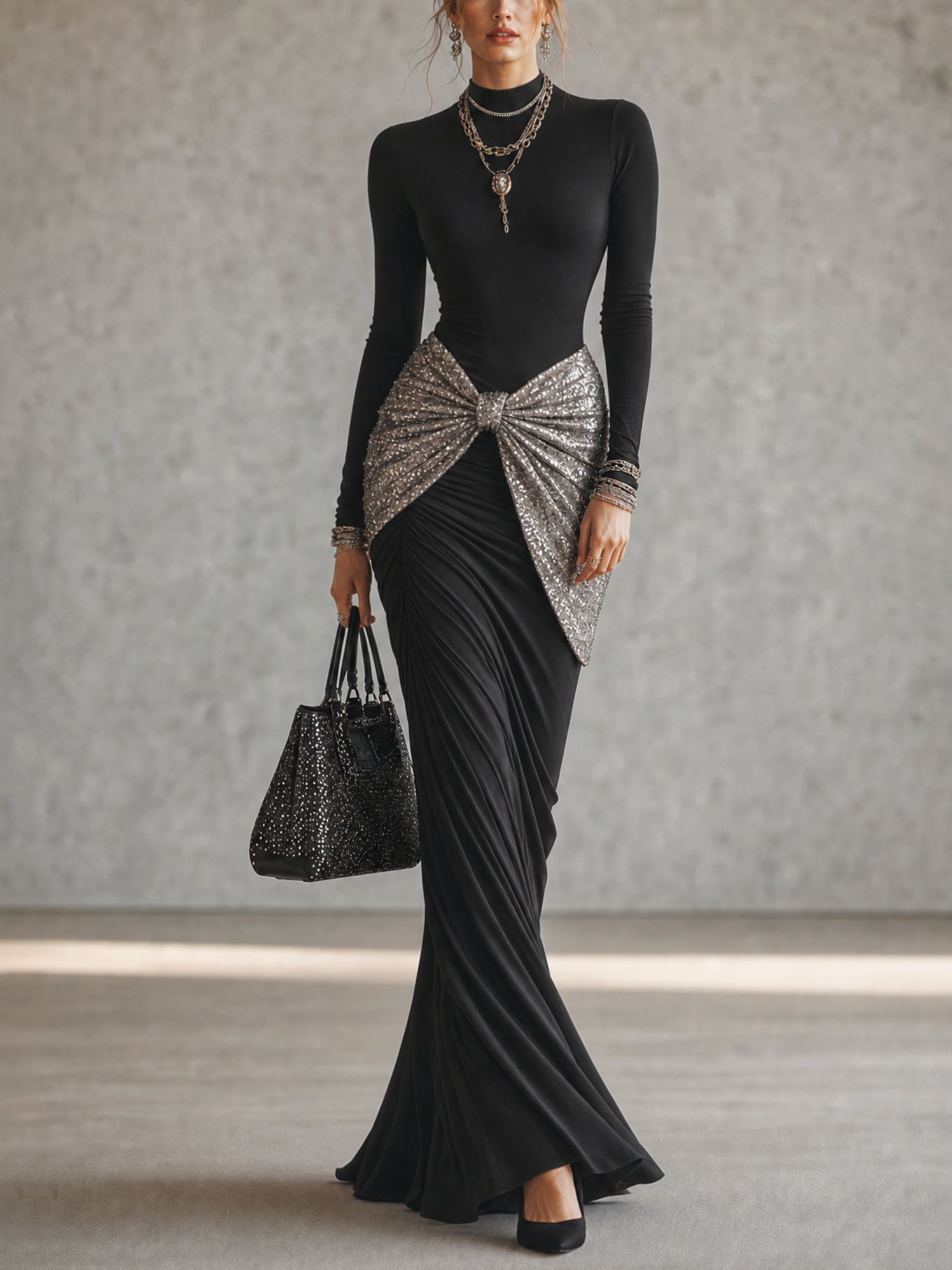 Black Stretch Sequin Panel Bodycon Dress