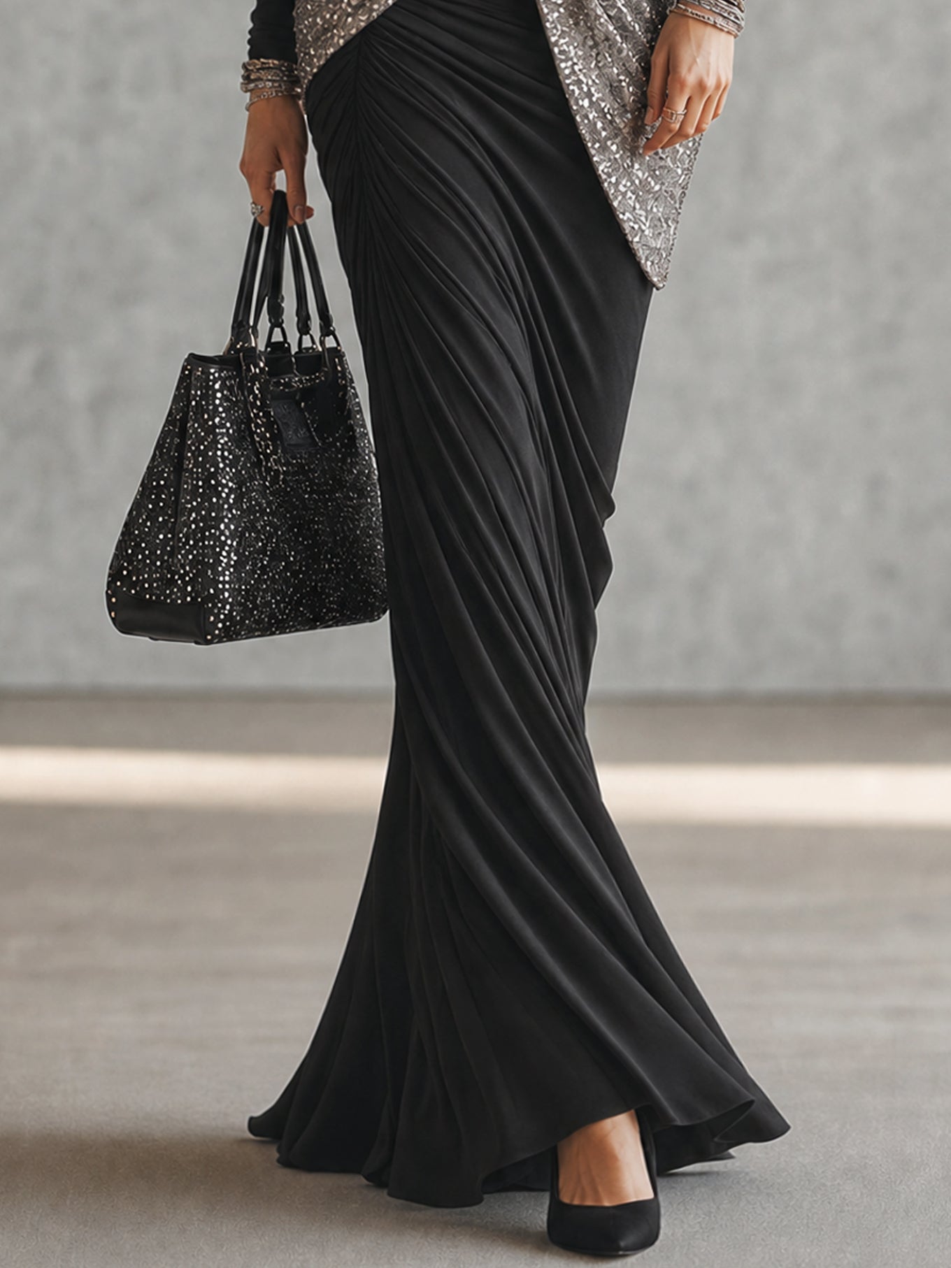 Black Stretch Sequin Panel Bodycon Dress
