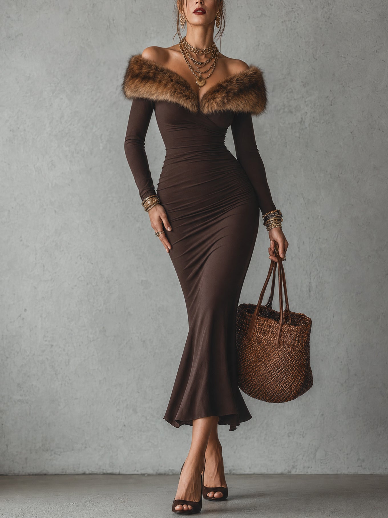 Cocoa Faux Fur Trim Stretch Bodycon Dress