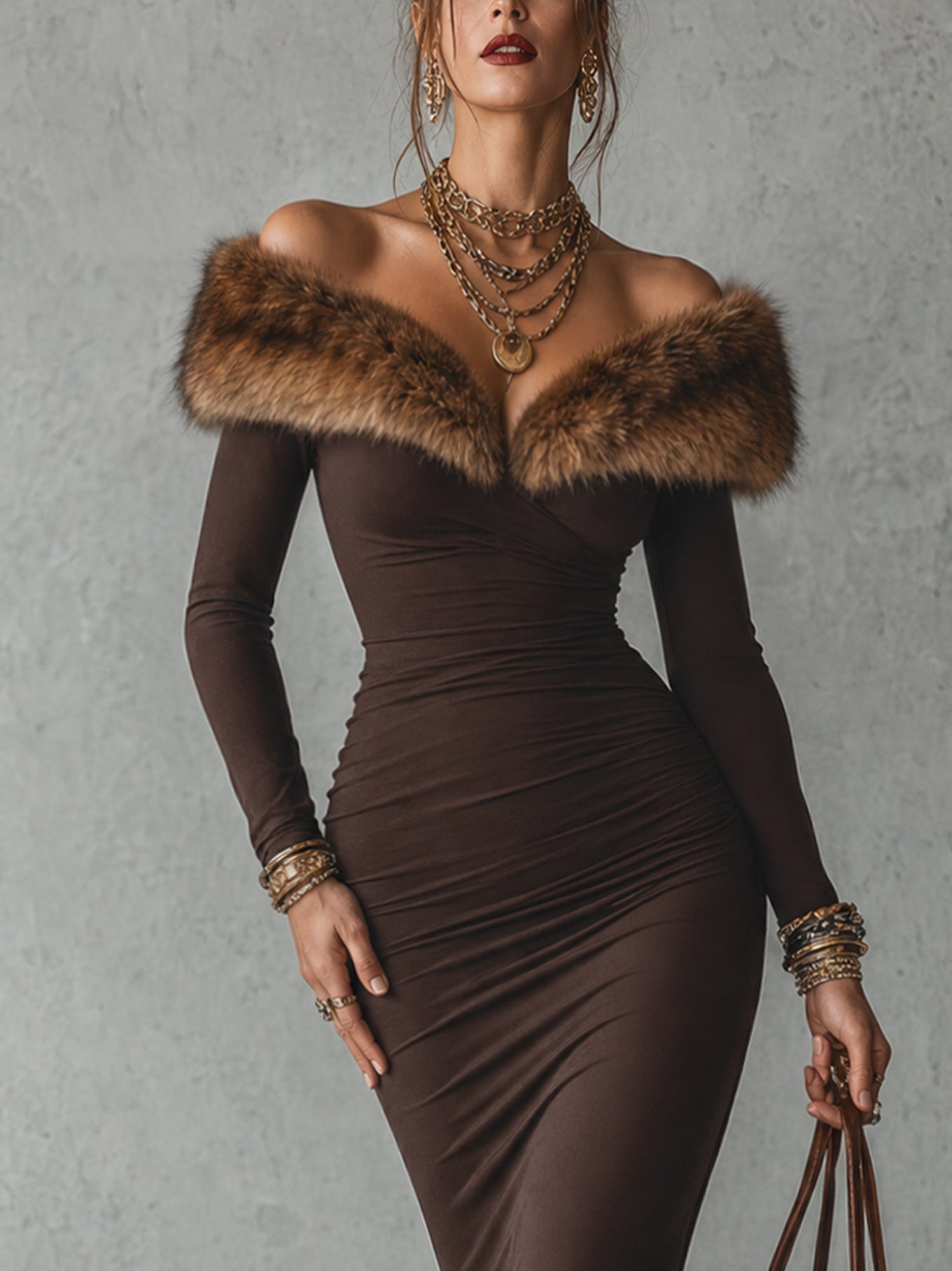 Cocoa Faux Fur Trim Stretch Bodycon Dress