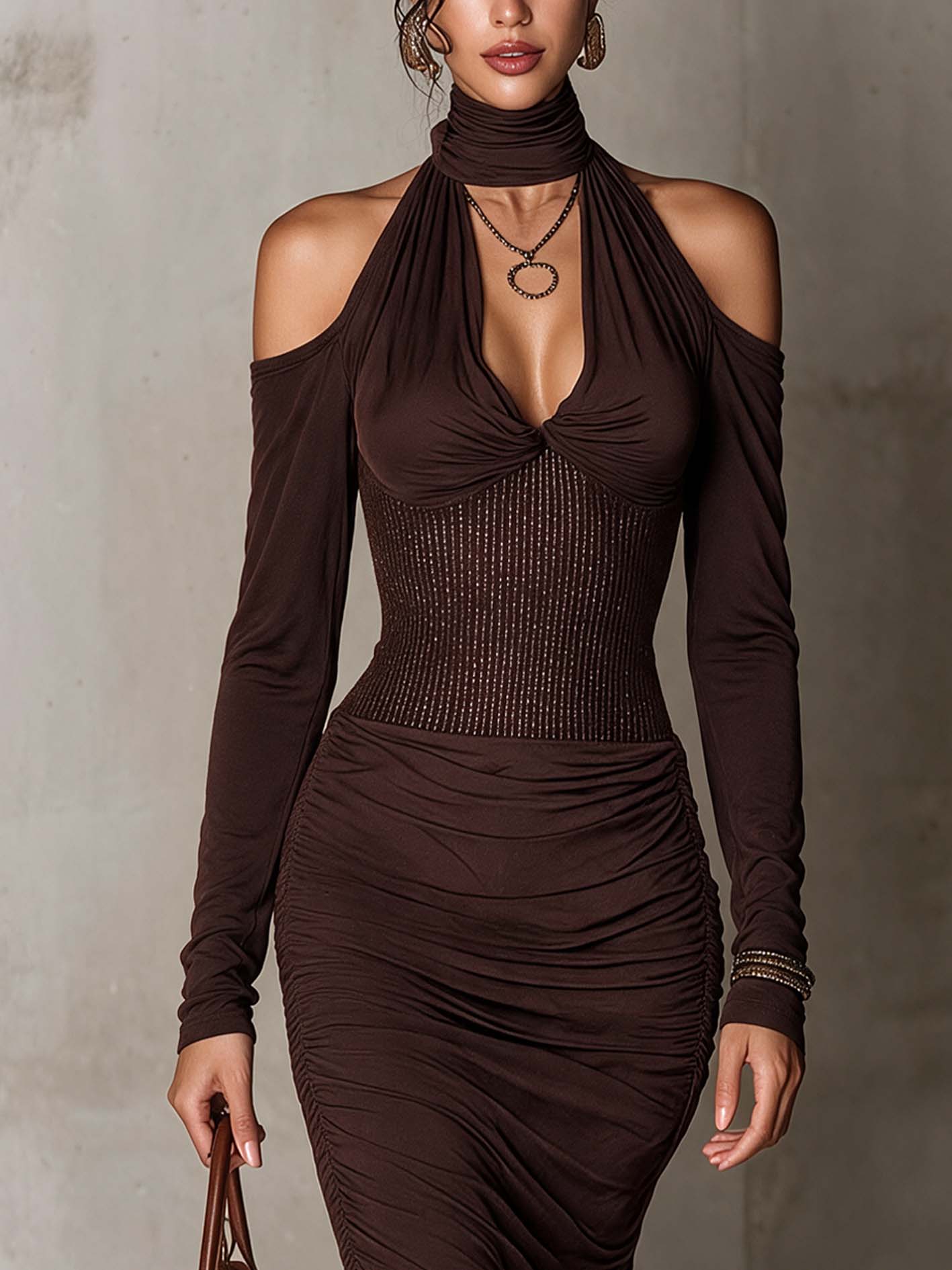 Halter Cold Shoulder Ruched Midi Bodycon Dress With Scarf Neck