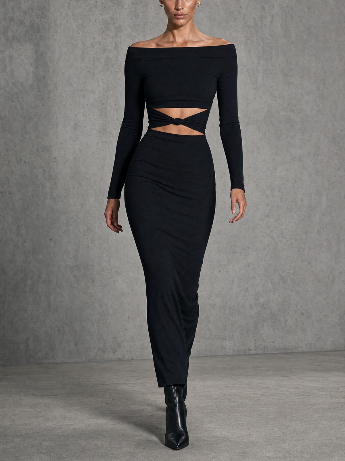 Black Off Shoulder Long Sleeve Knotted Waist Cutout Bodycon Maxi Dress