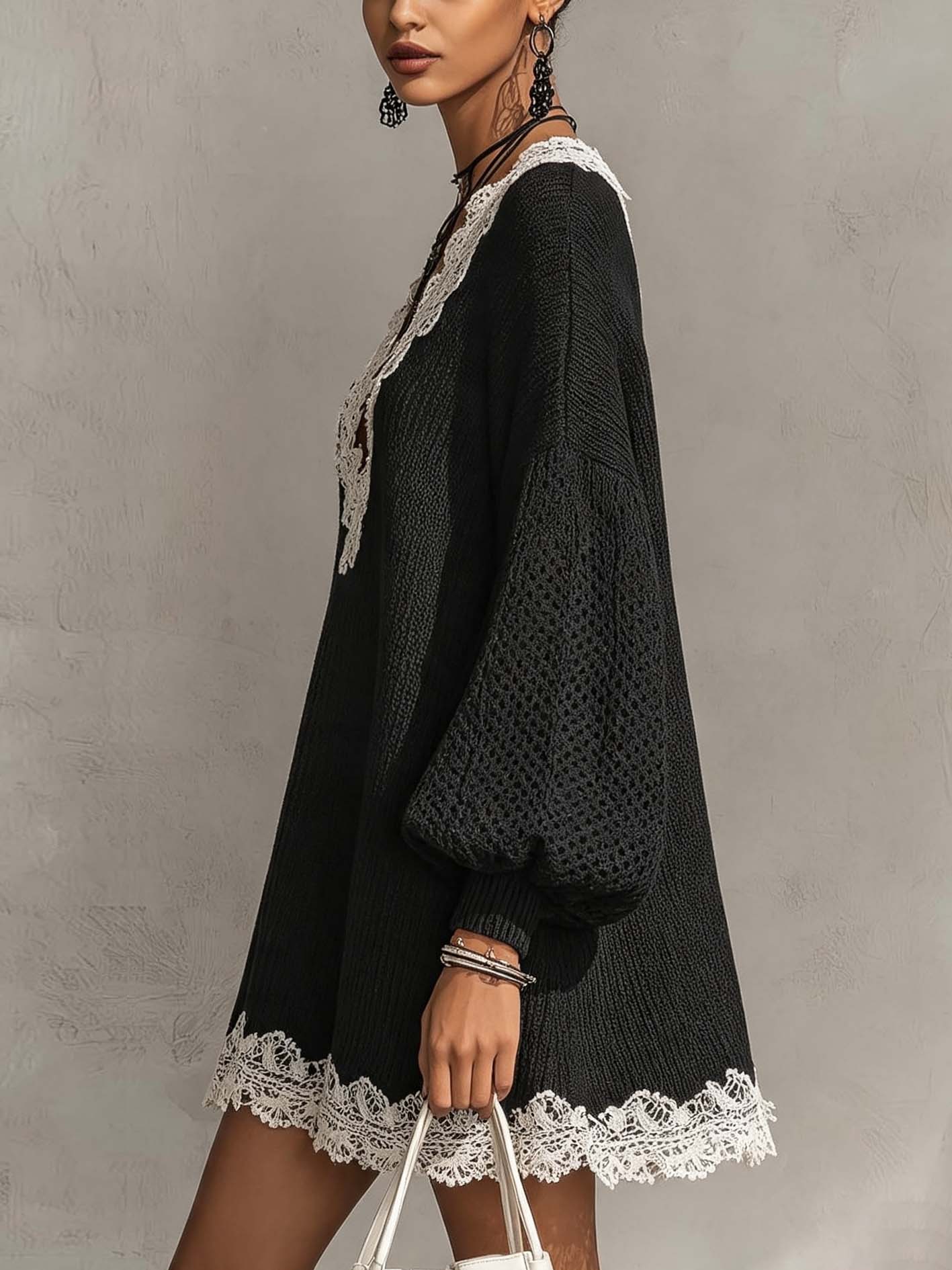 Black Knit Mini Dress With Contrast Lace Trim