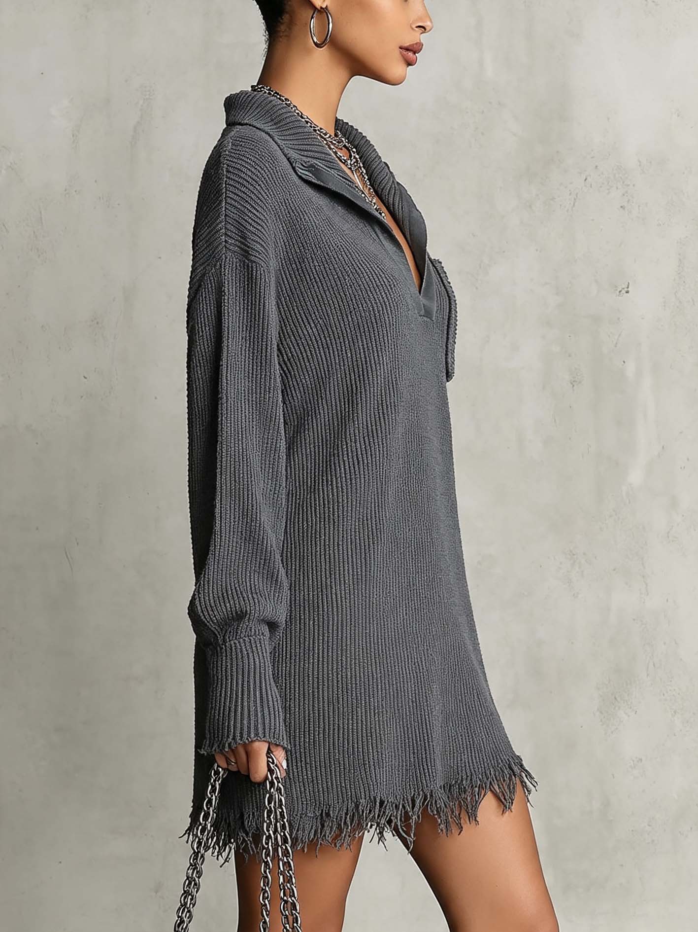 Charcoal Distressed Ribbed Knit Mini Dress With Split Neck