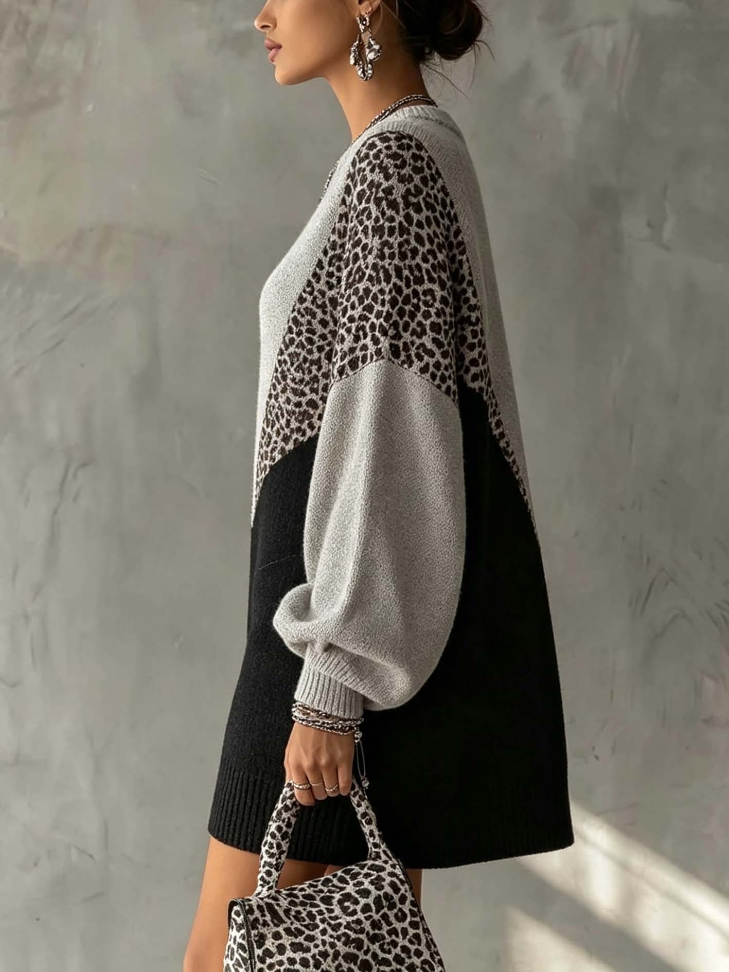 Gray And Black Color Block Knit Mini Dress With Leopard Panels