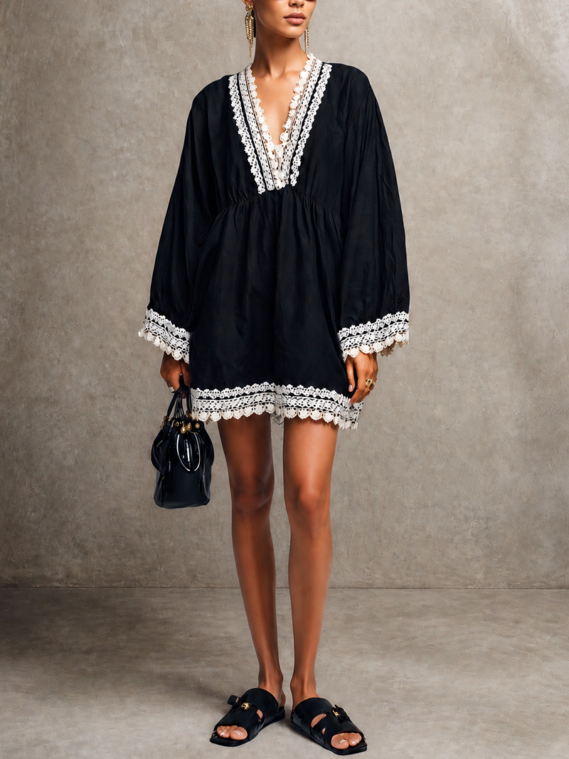Black Boho Lace-Trim V-Neck Bell Sleeve Mini Dress