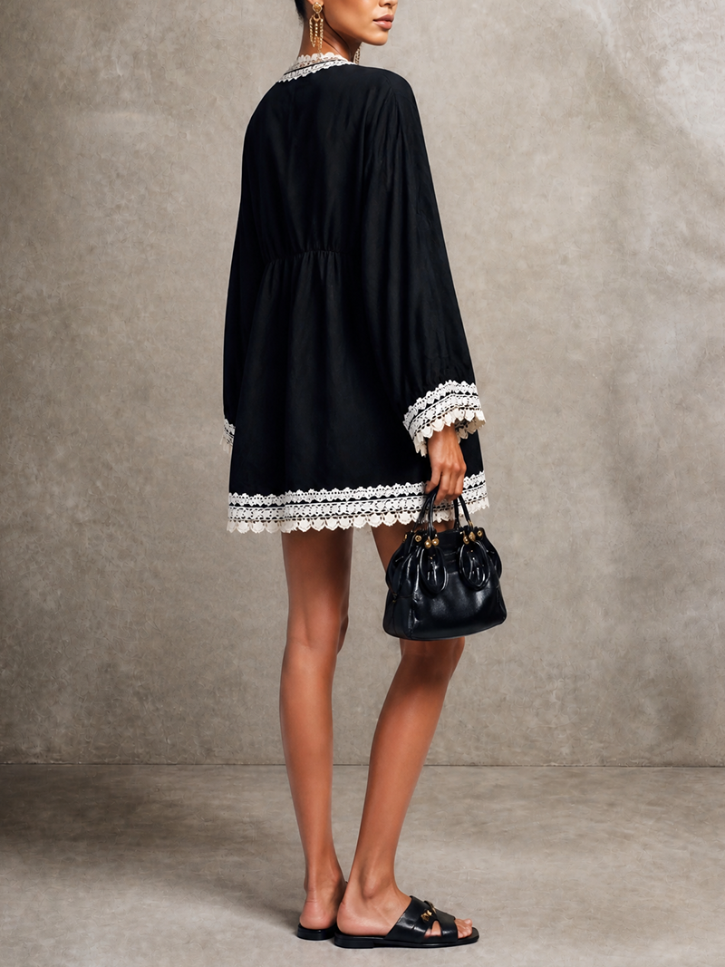 Black Boho Lace-Trim V-Neck Bell Sleeve Mini Dress