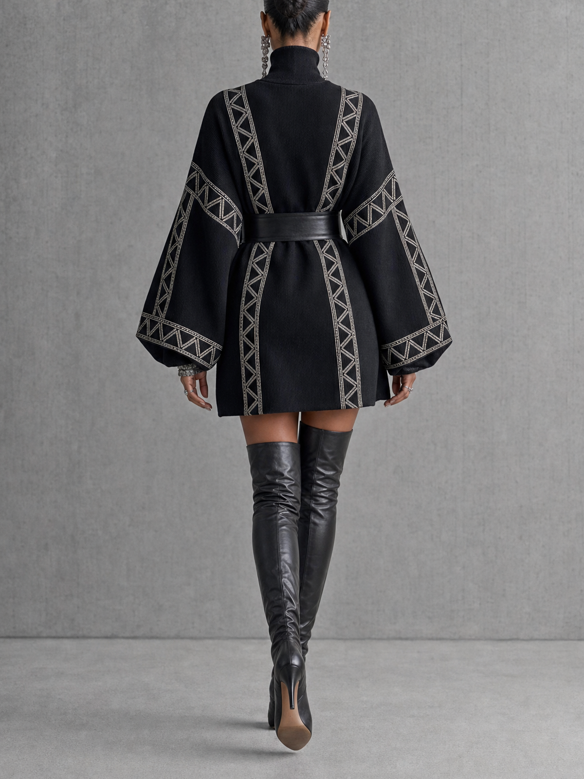 Black Geometric Printed Balloon Sleeve Open Front Knit Coat