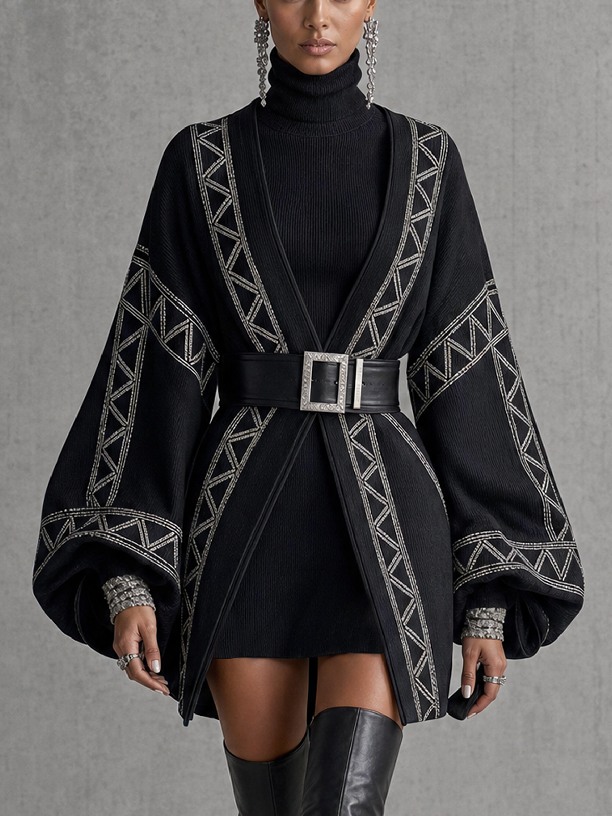 Black Geometric Printed Balloon Sleeve Open Front Knit Coat