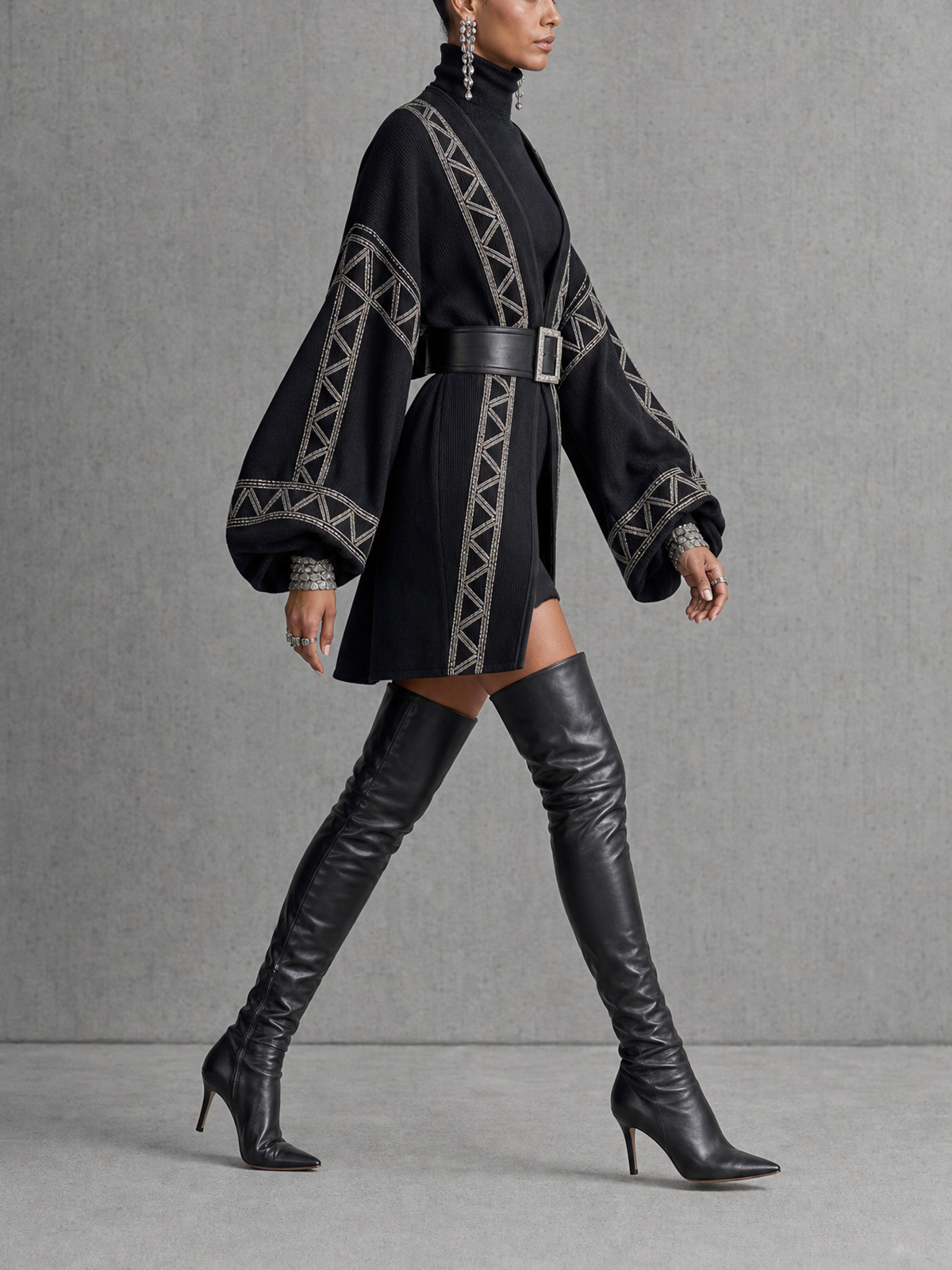 Black Geometric Printed Balloon Sleeve Open Front Knit Coat