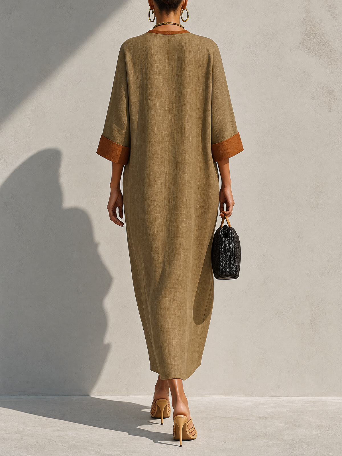 Olive Rust Color Block Linen V‑Neck Midi Dress
