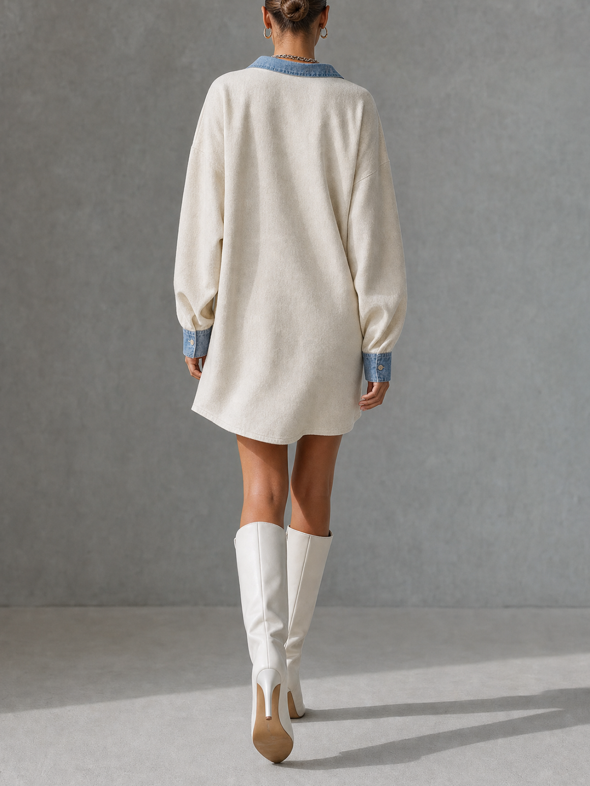 White Textured Denim Contrast Collar Long Sleeve Mini Shirt Dress