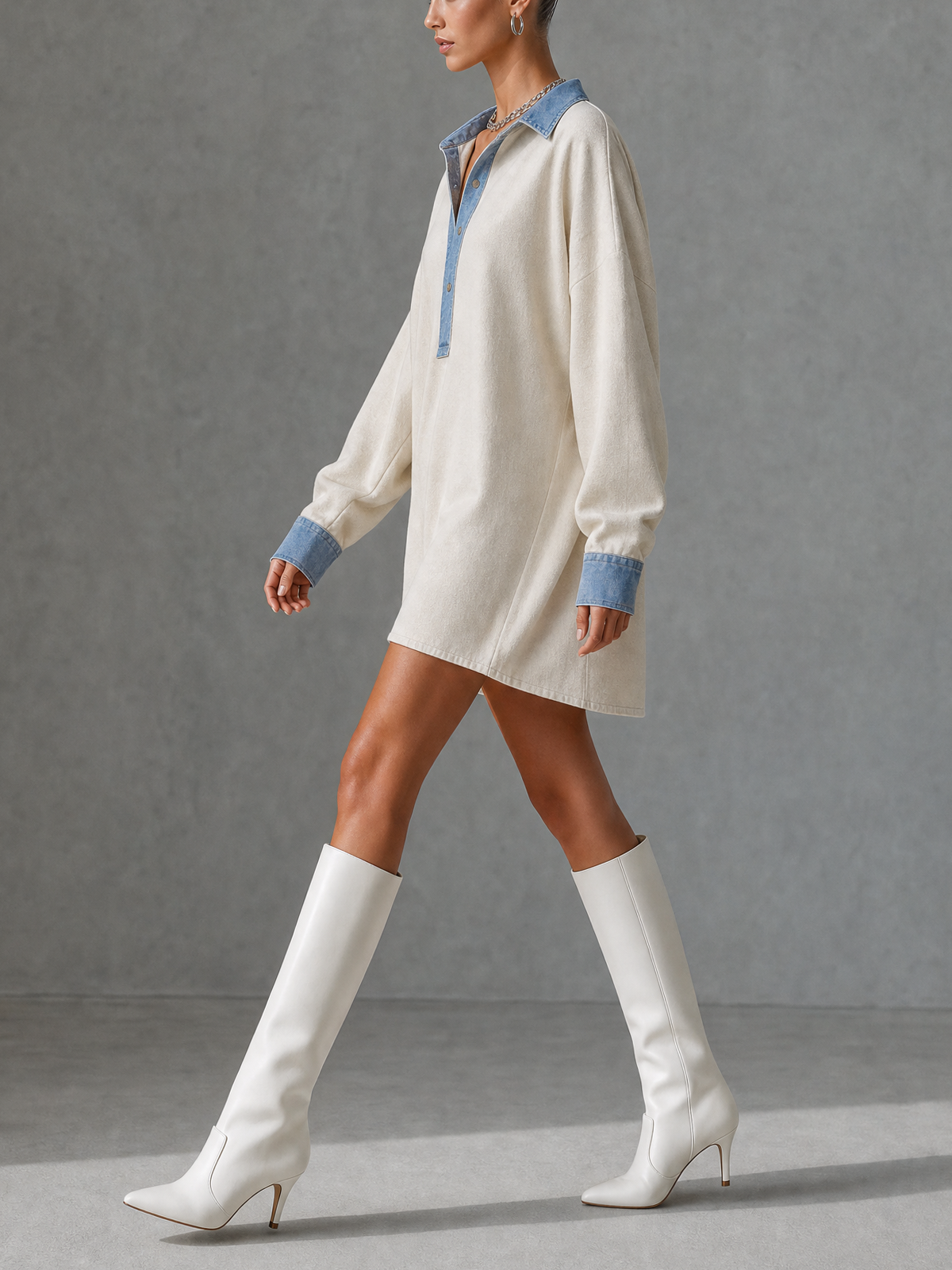 White Textured Denim Contrast Collar Long Sleeve Mini Shirt Dress