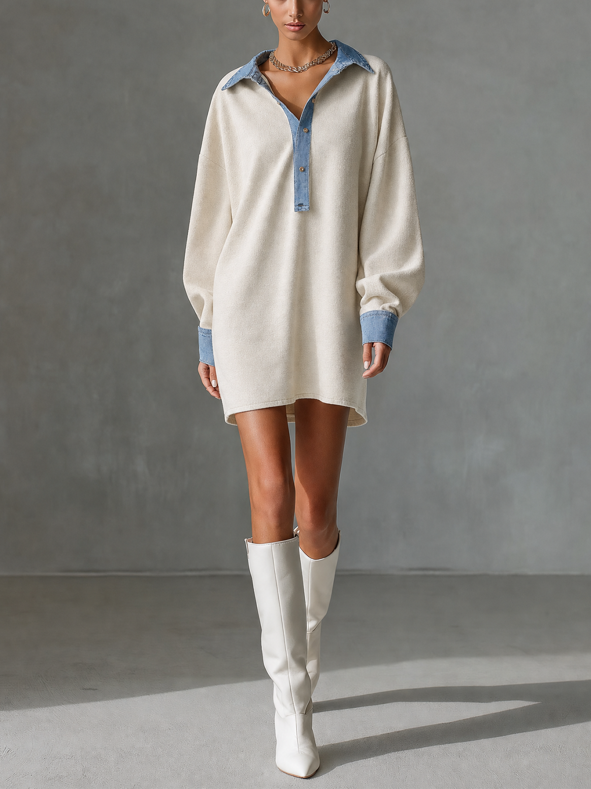White Textured Denim Contrast Collar Long Sleeve Mini Shirt Dress