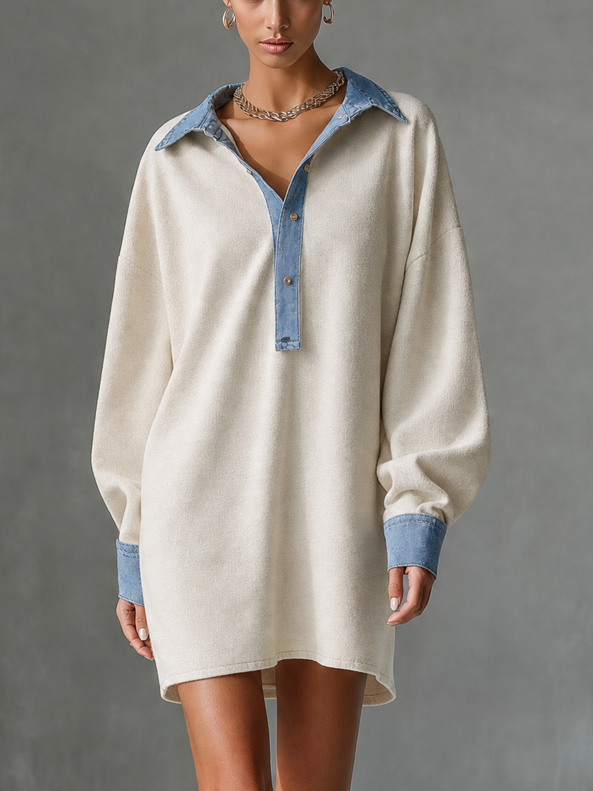 White Textured Denim Contrast Collar Long Sleeve Mini Shirt Dress