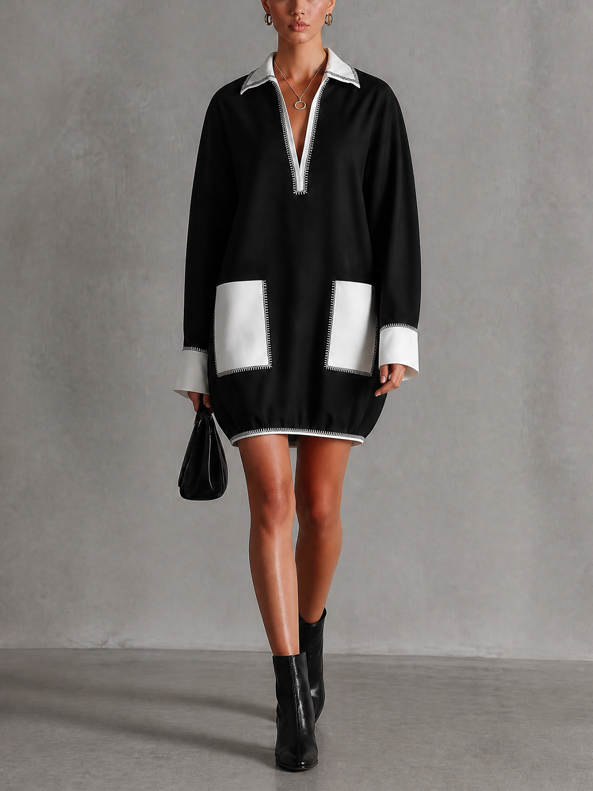 Black White Contrast Stitch Collared Long Sleeve Mini Dress