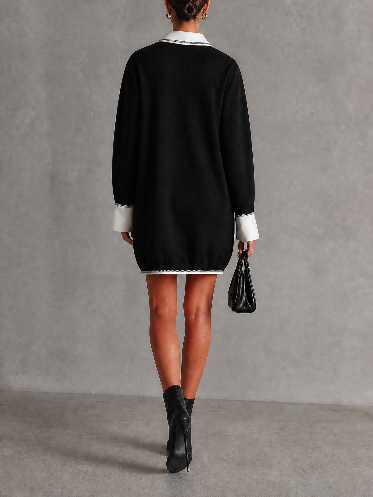 Black White Contrast Stitch Collared Long Sleeve Mini Dress