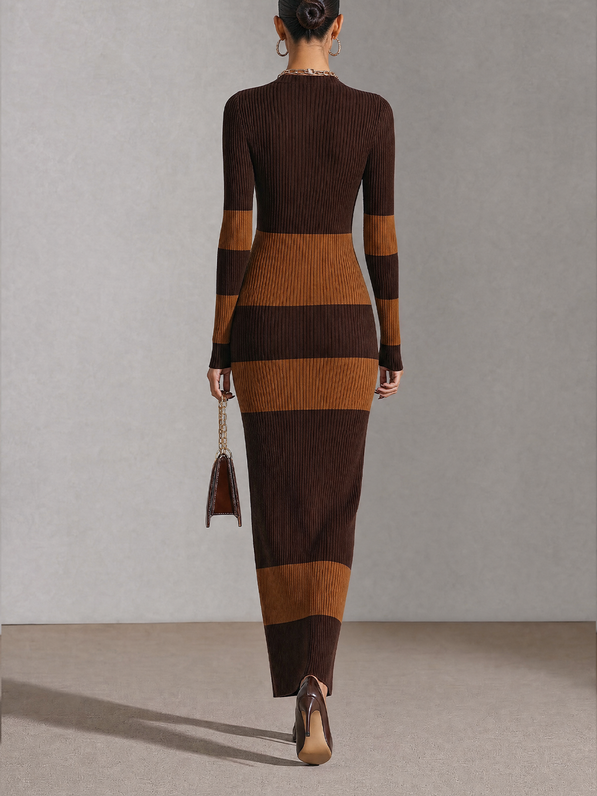 Dark Brown Caramel Stripe Ribbed Knit Long Sleeve Midi Dress