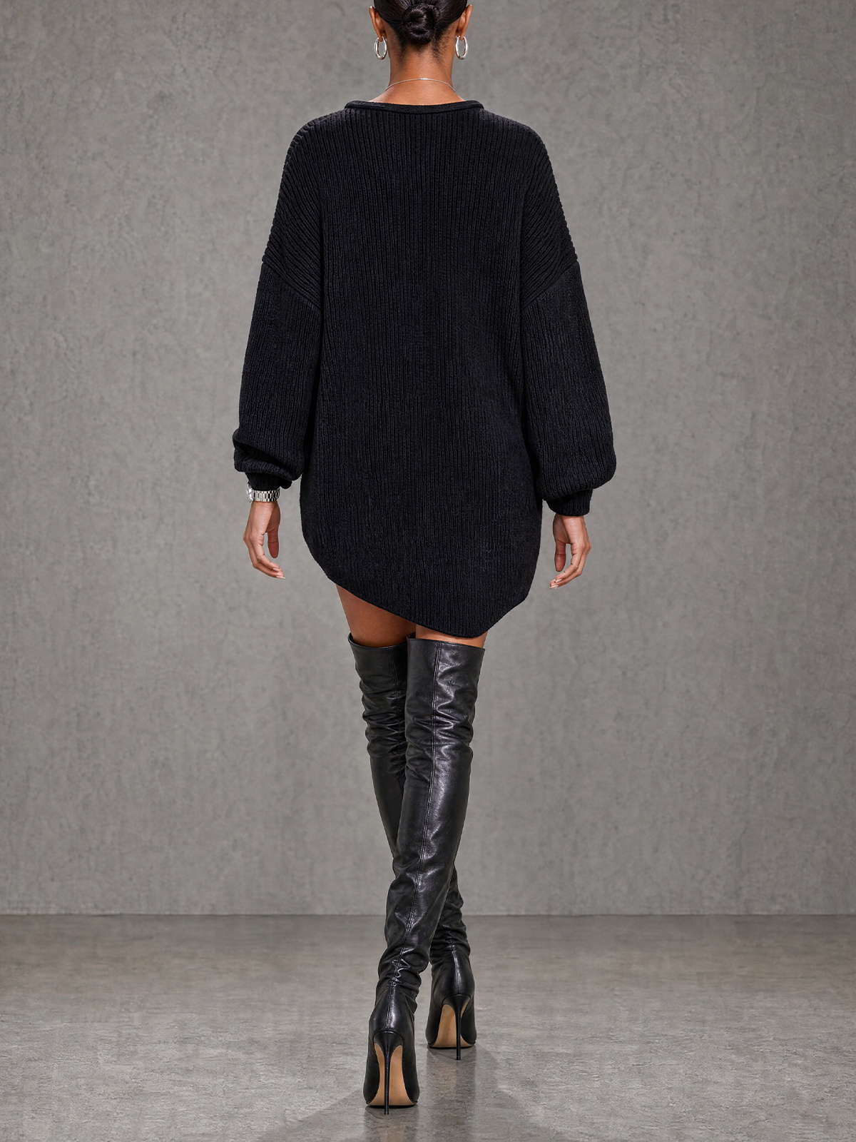 Black Buckle Plunge Twist Front Knit Mini Dress
