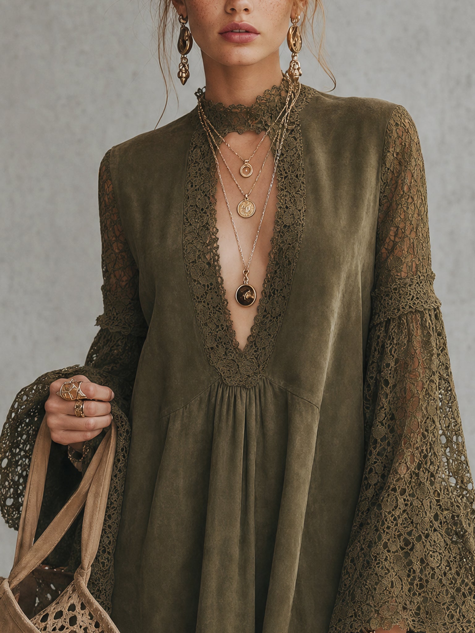 Green Faux Suede Lace Panel Loose Cutout Mini Dress