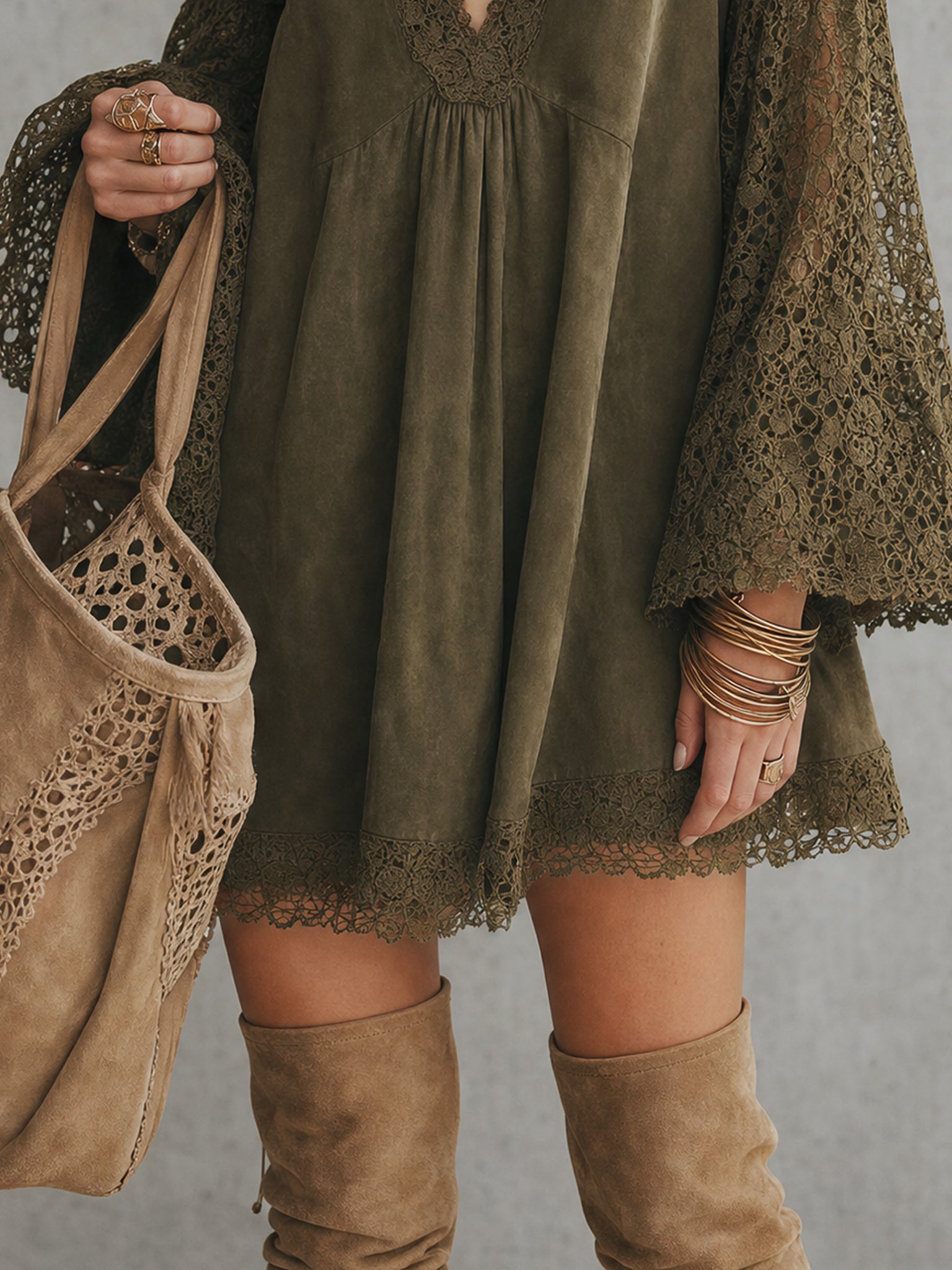 Green Faux Suede Lace Panel Loose Cutout Mini Dress