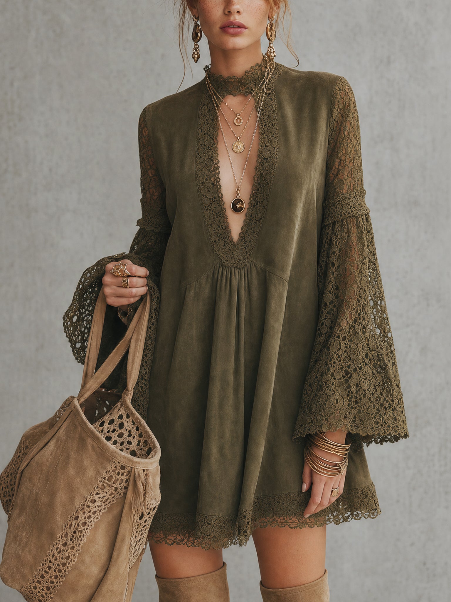 Green Faux Suede Lace Panel Loose Cutout Mini Dress