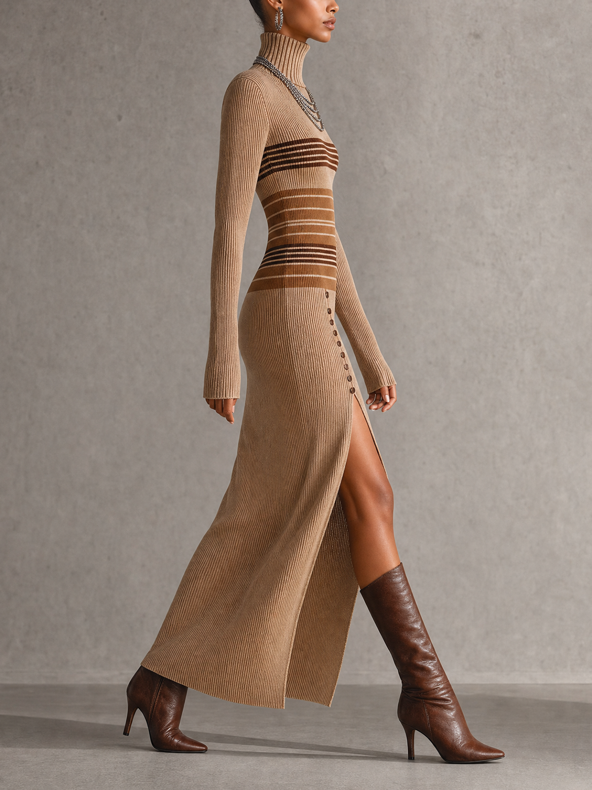 Khaki Striped Turtleneck Ribbed Knit Midi Dress