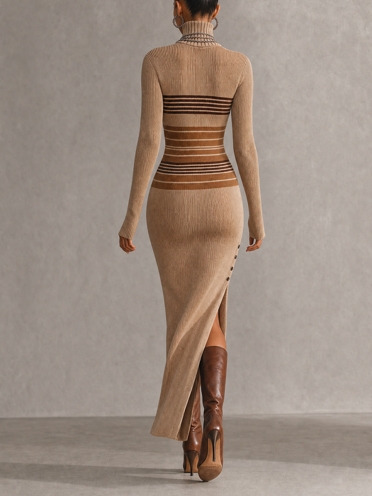 Khaki Striped Turtleneck Ribbed Knit Midi Dress