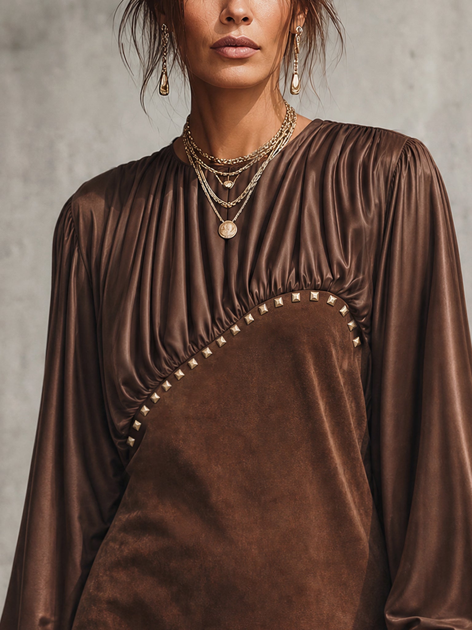 Brown Satin Faux Suede Studded Mini Dress