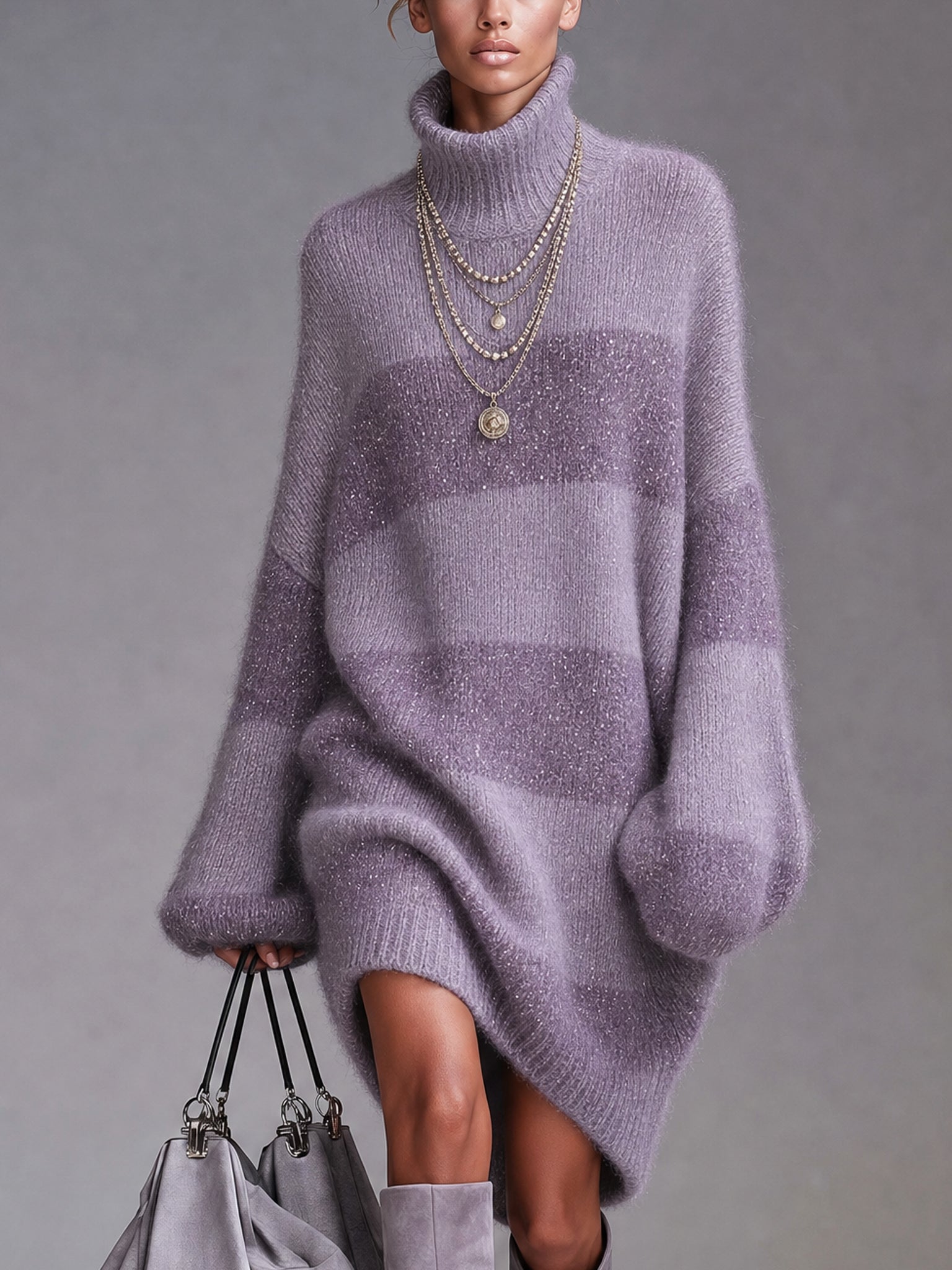 Lavender Striped Oversized Turtleneck Knit Mini Dress