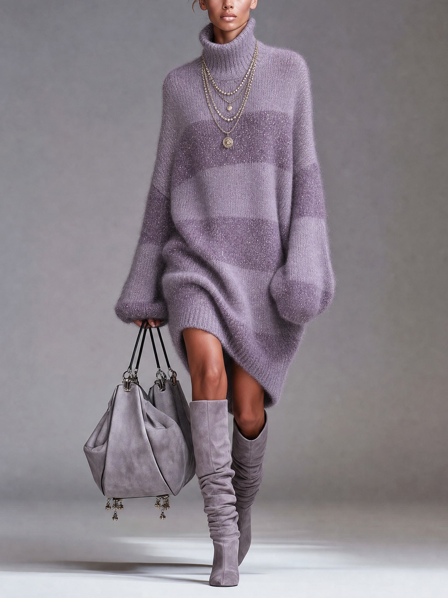 Lavender Striped Oversized Turtleneck Knit Mini Dress