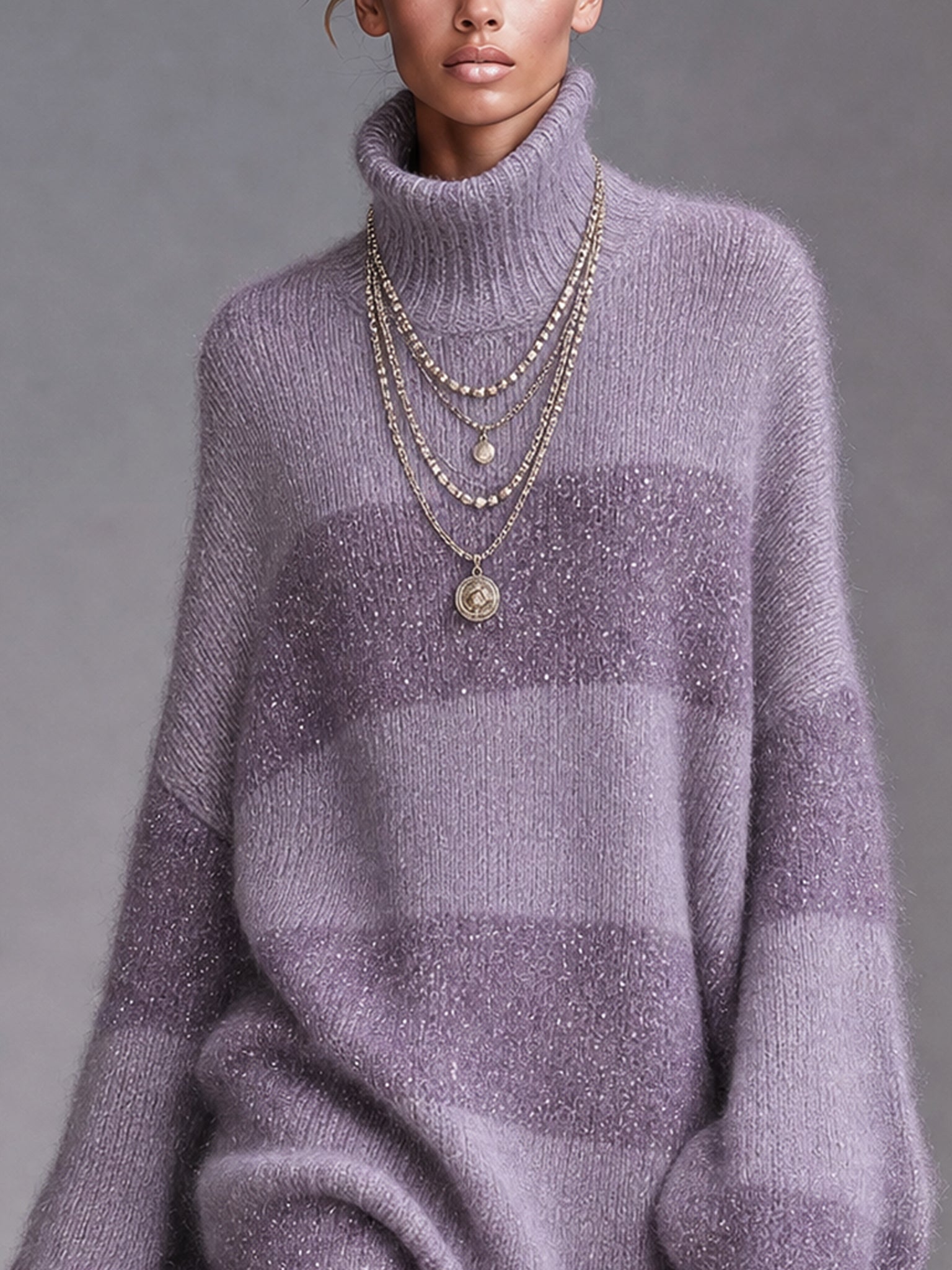 Lavender Striped Oversized Turtleneck Knit Mini Dress