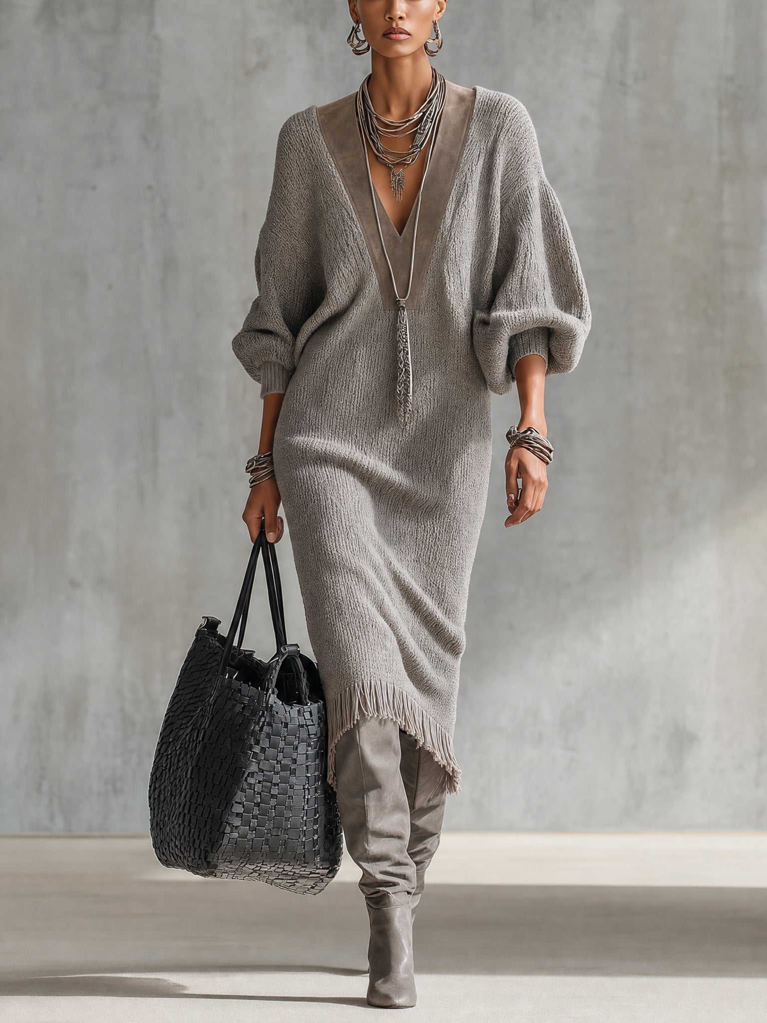 Gray Suede Trim Knit Fringe Midi Dress