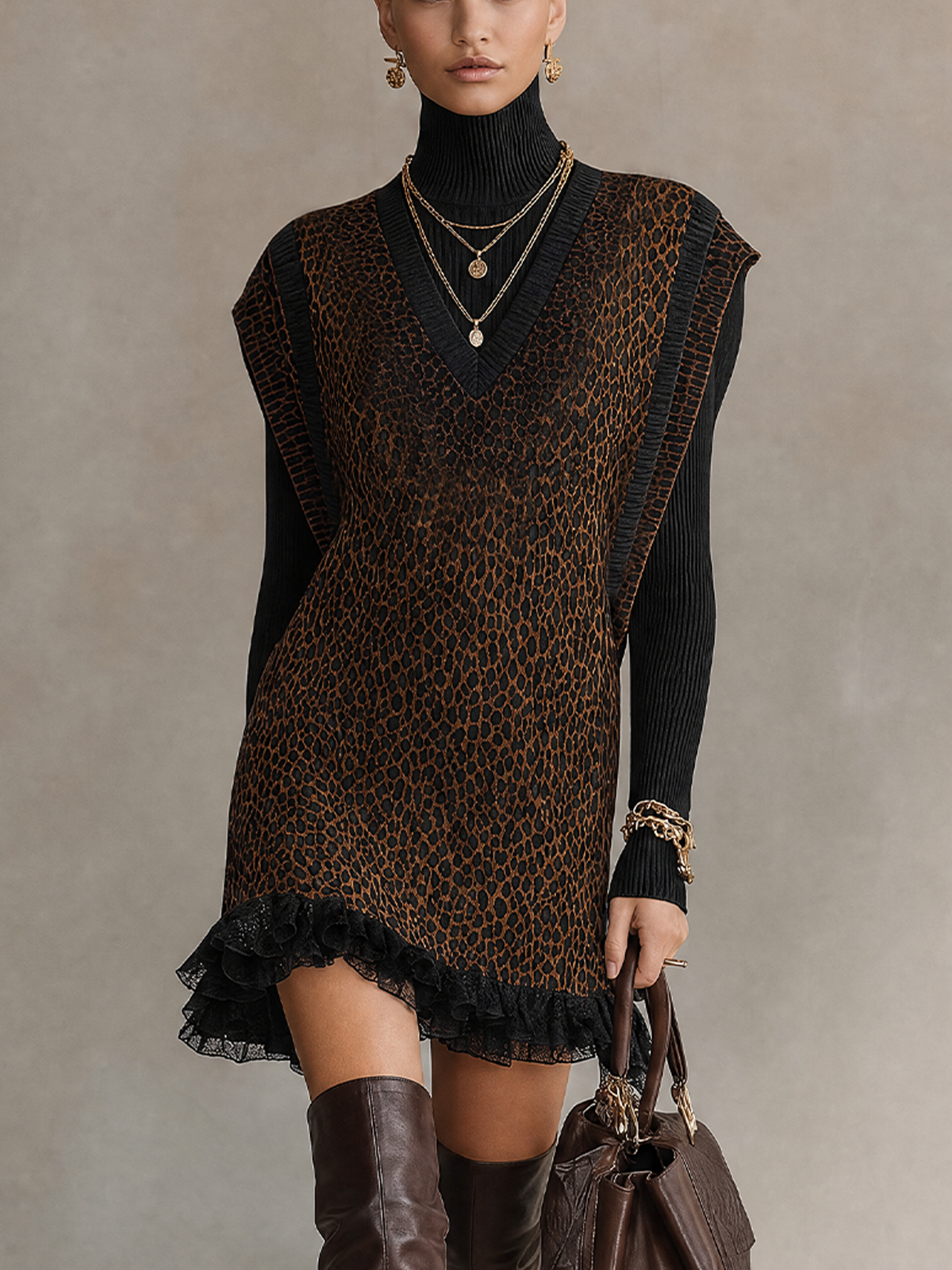 Leopard Print V-Neck Fake Two-Piece Lace Ruffle Mini Dress