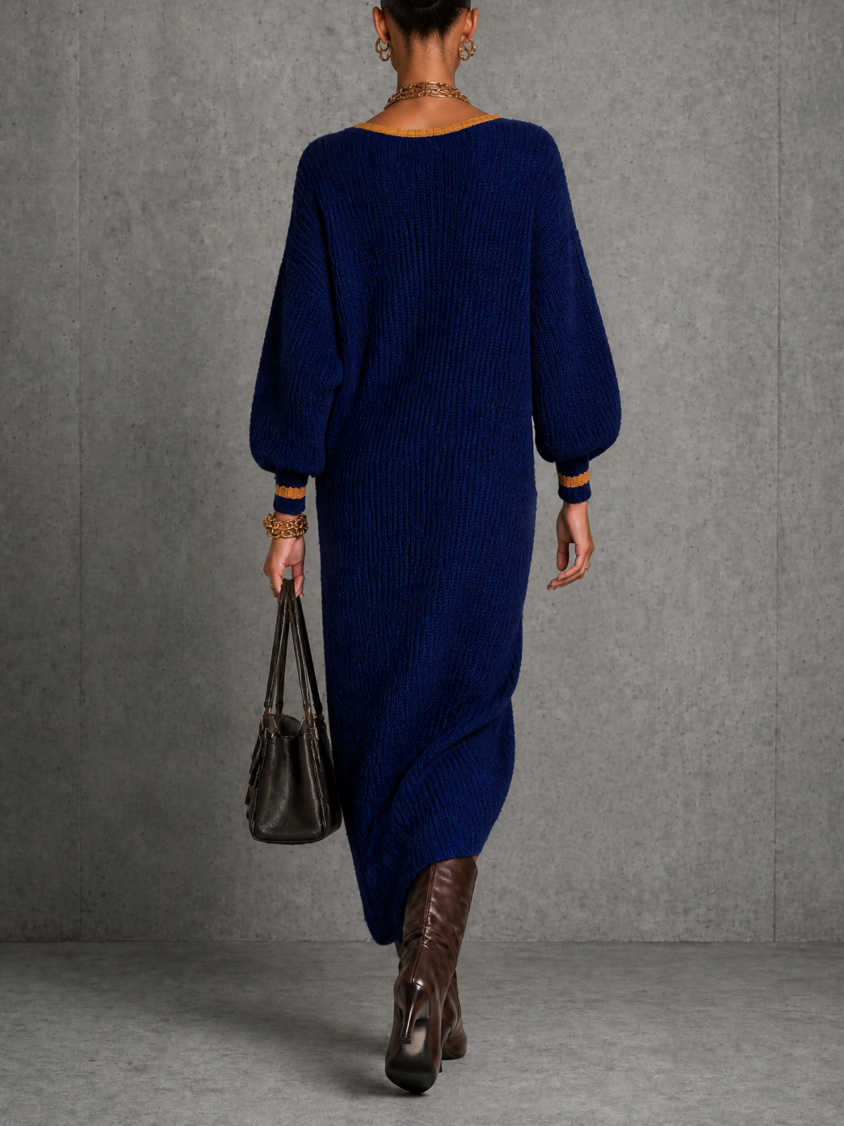 Navy Contrast Trim V-Neck Balloon Sleeve Slit Knit Midi Dress
