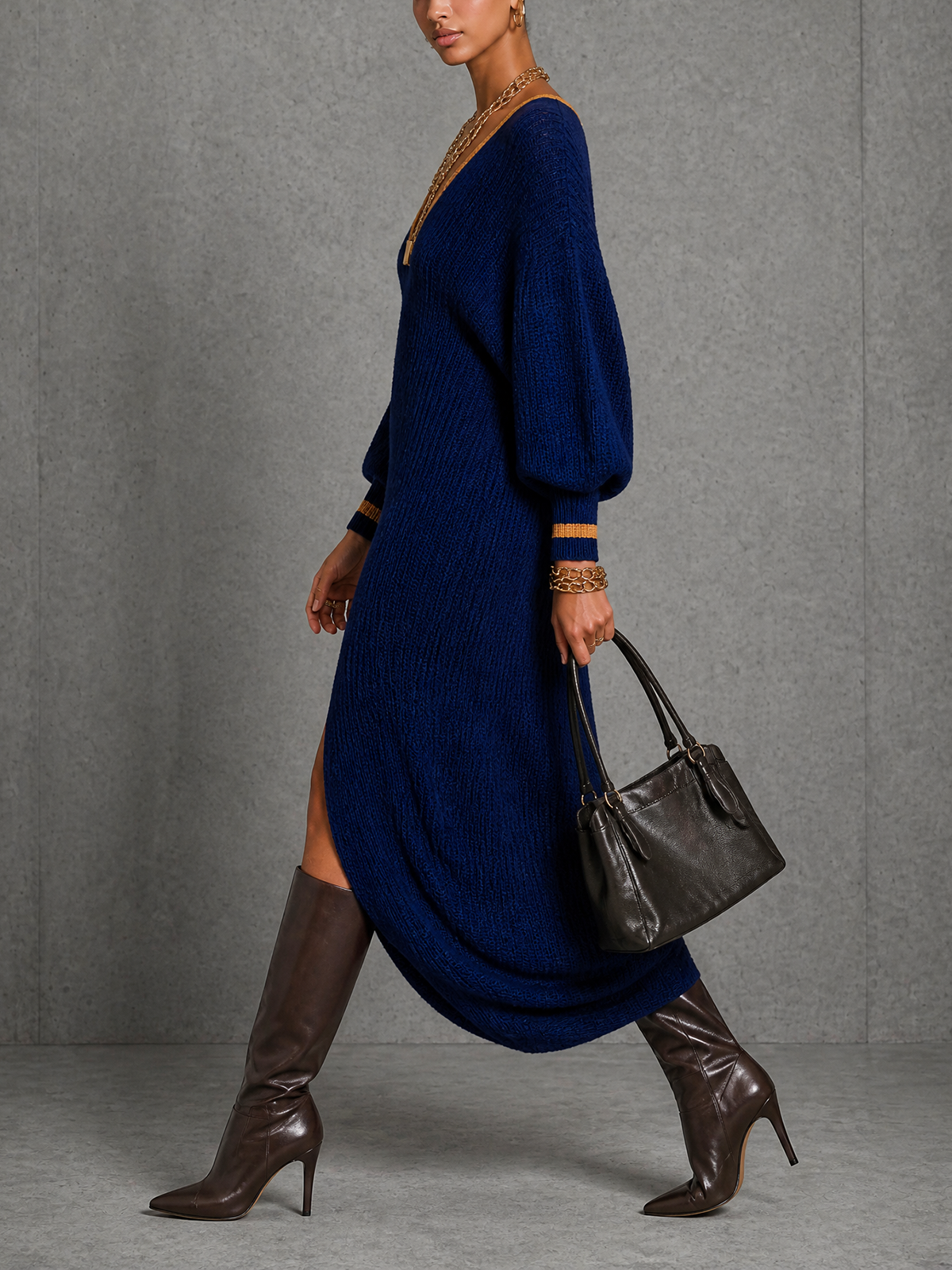 Navy Contrast Trim V-Neck Balloon Sleeve Slit Knit Midi Dress