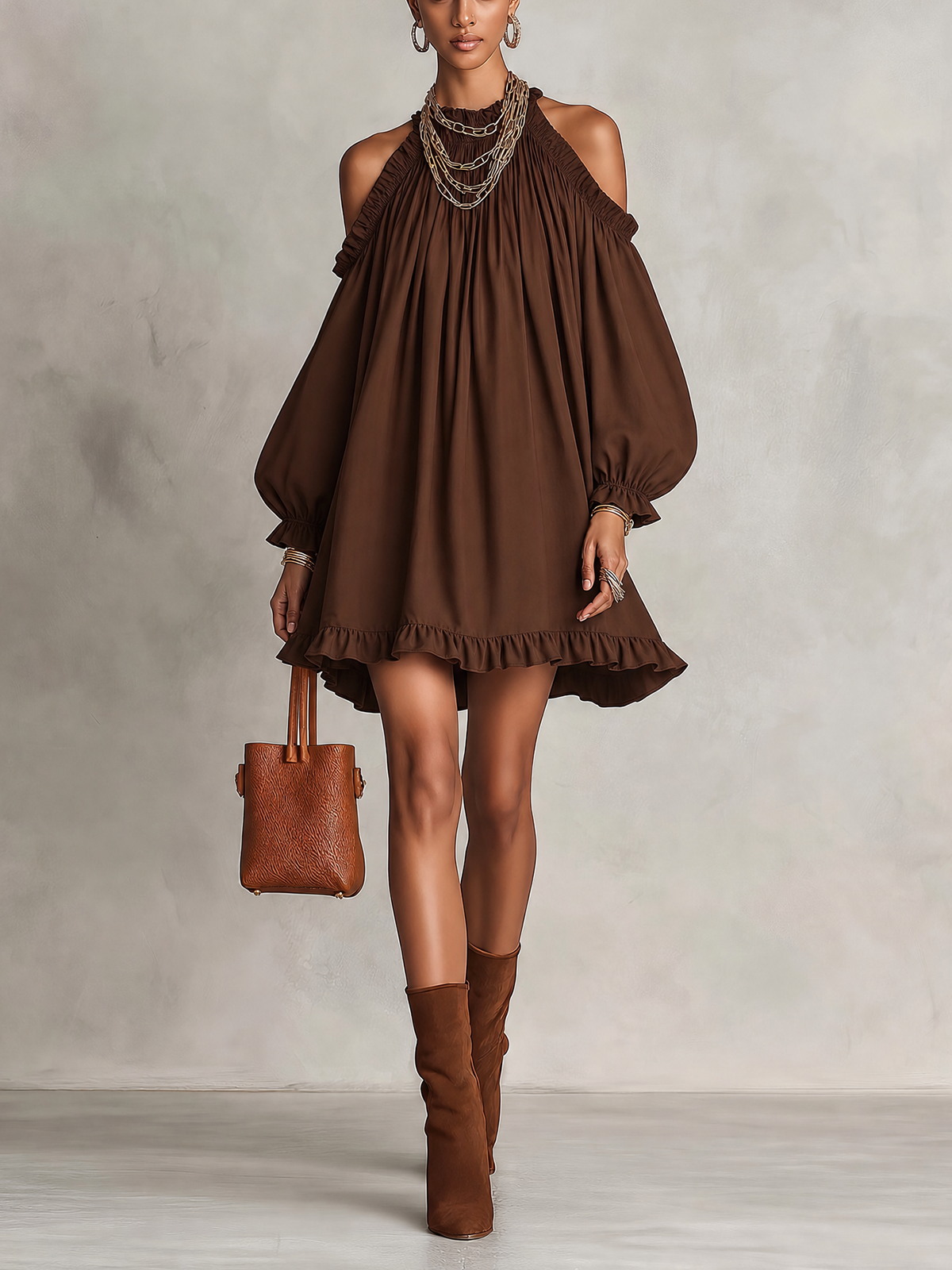 Dark Brown Halter Cold Shoulder Puff Sleeve Ruffle Mini Dress