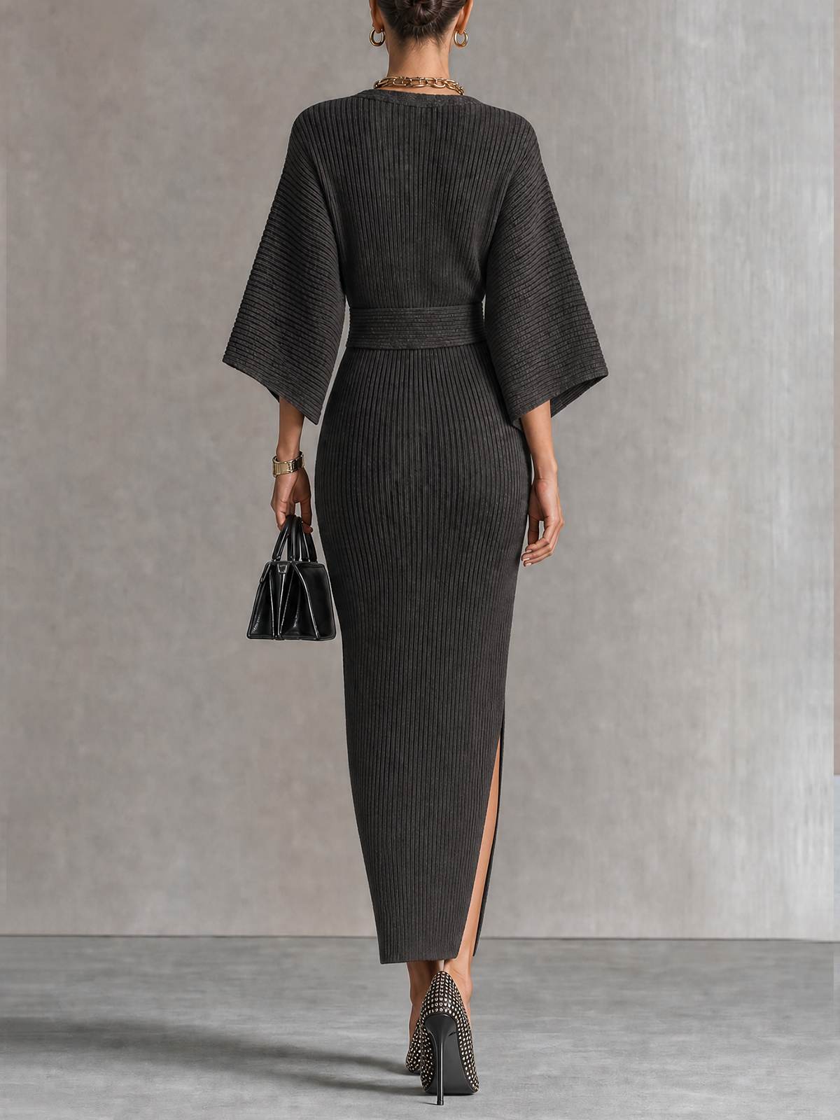 Dark Grey Ribbed Knit Wrap V-Neck Batwing Sleeve Midi Dress