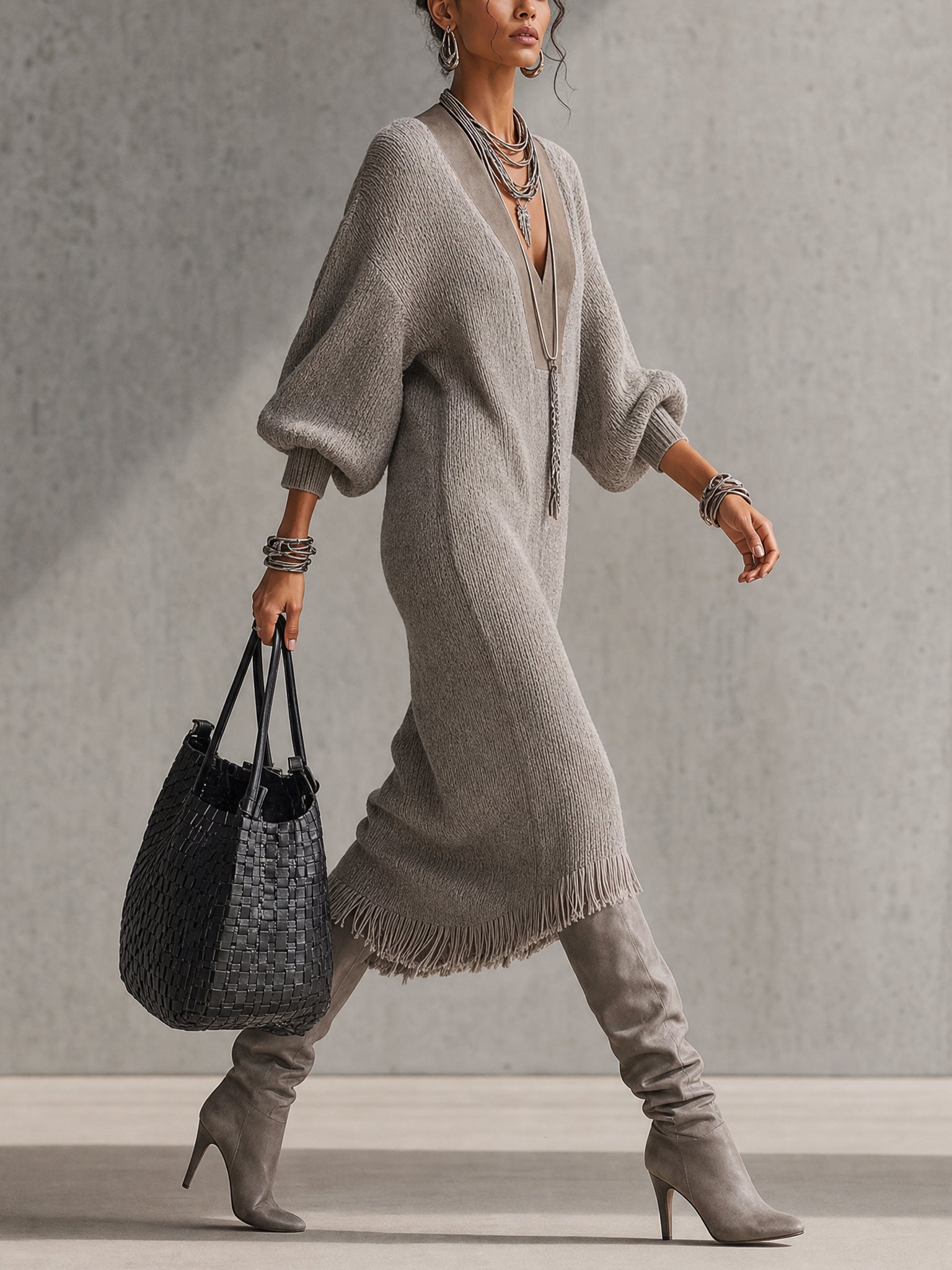 Gray Suede Trim Knit Fringe Midi Dress