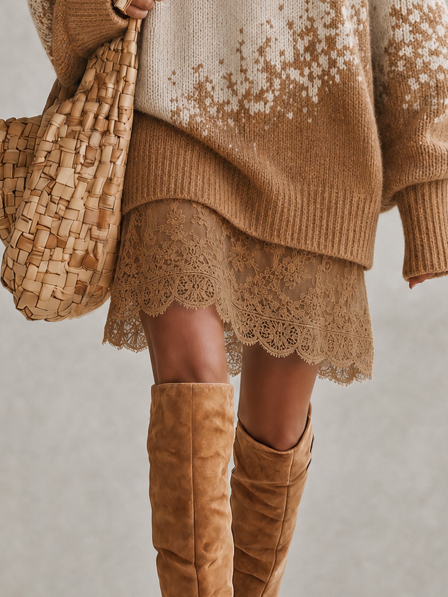Brown Ombre Deep V-Neck Knit Lace Hem Mini Dress