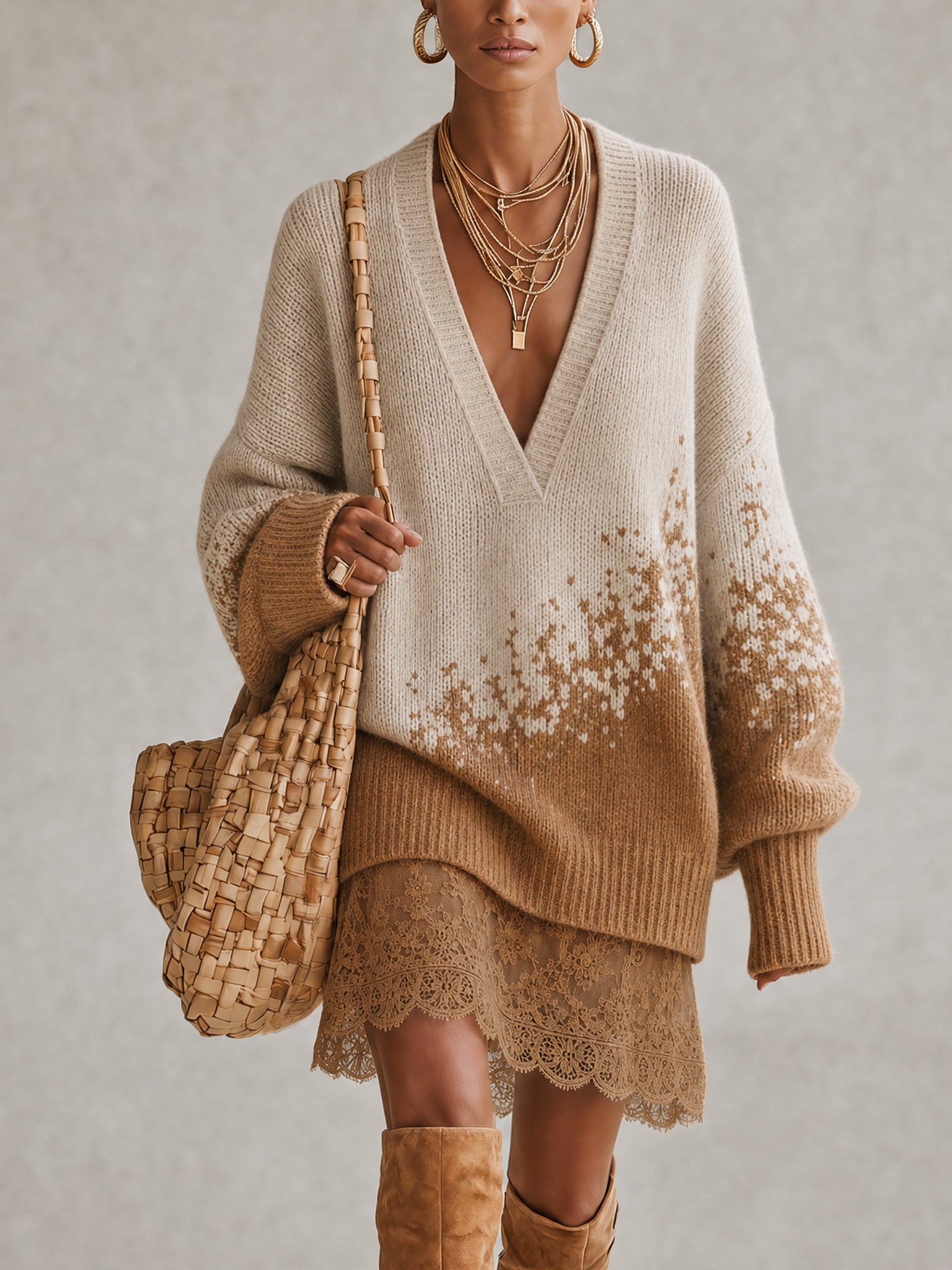 Brown Ombre Deep V-Neck Knit Lace Hem Mini Dress