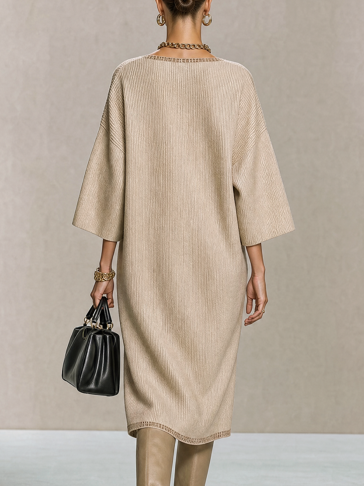 Beige Deep V-Neck Three-Quarter Sleeve Stitch Trim Slit Knit Midi Dress