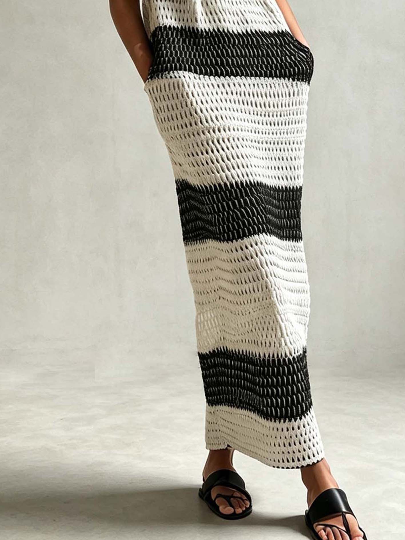 Black And White Striped Open Knit Maxi Dress With Pockets