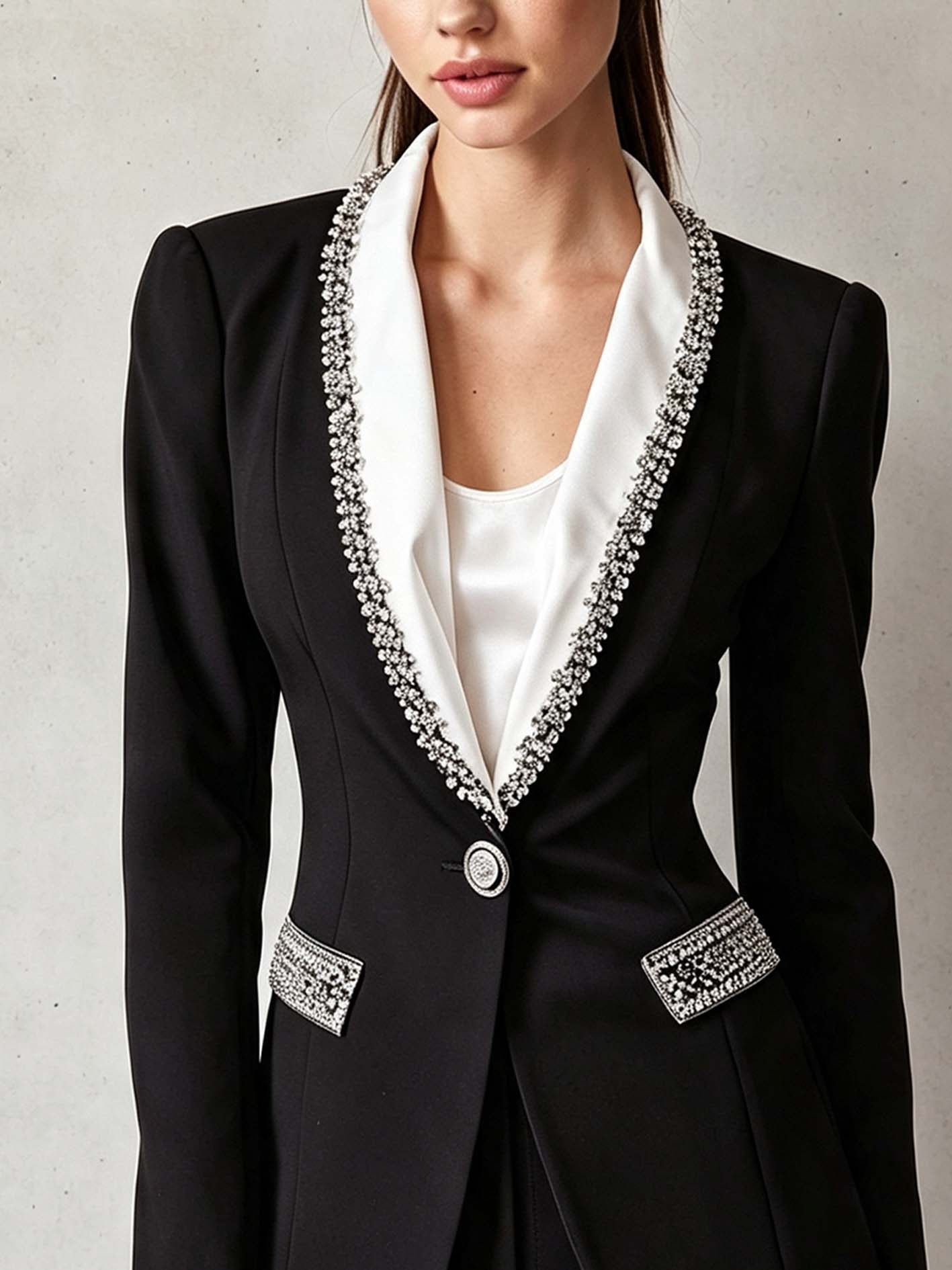 Black Rhinestone Trim Tailored Blazer With Contrast Shawl Lapel