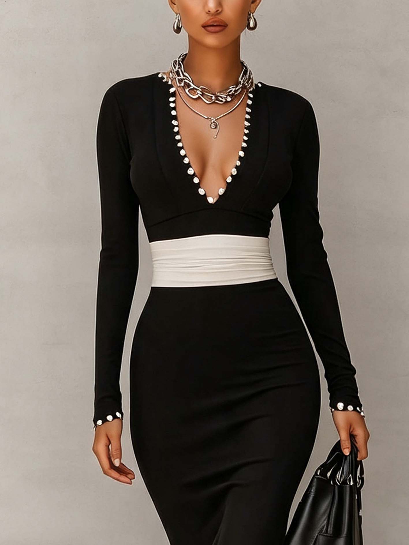 Black Button Trim Deep V-Neck Bodycon Maxi Dress With Contrast Waist Panel