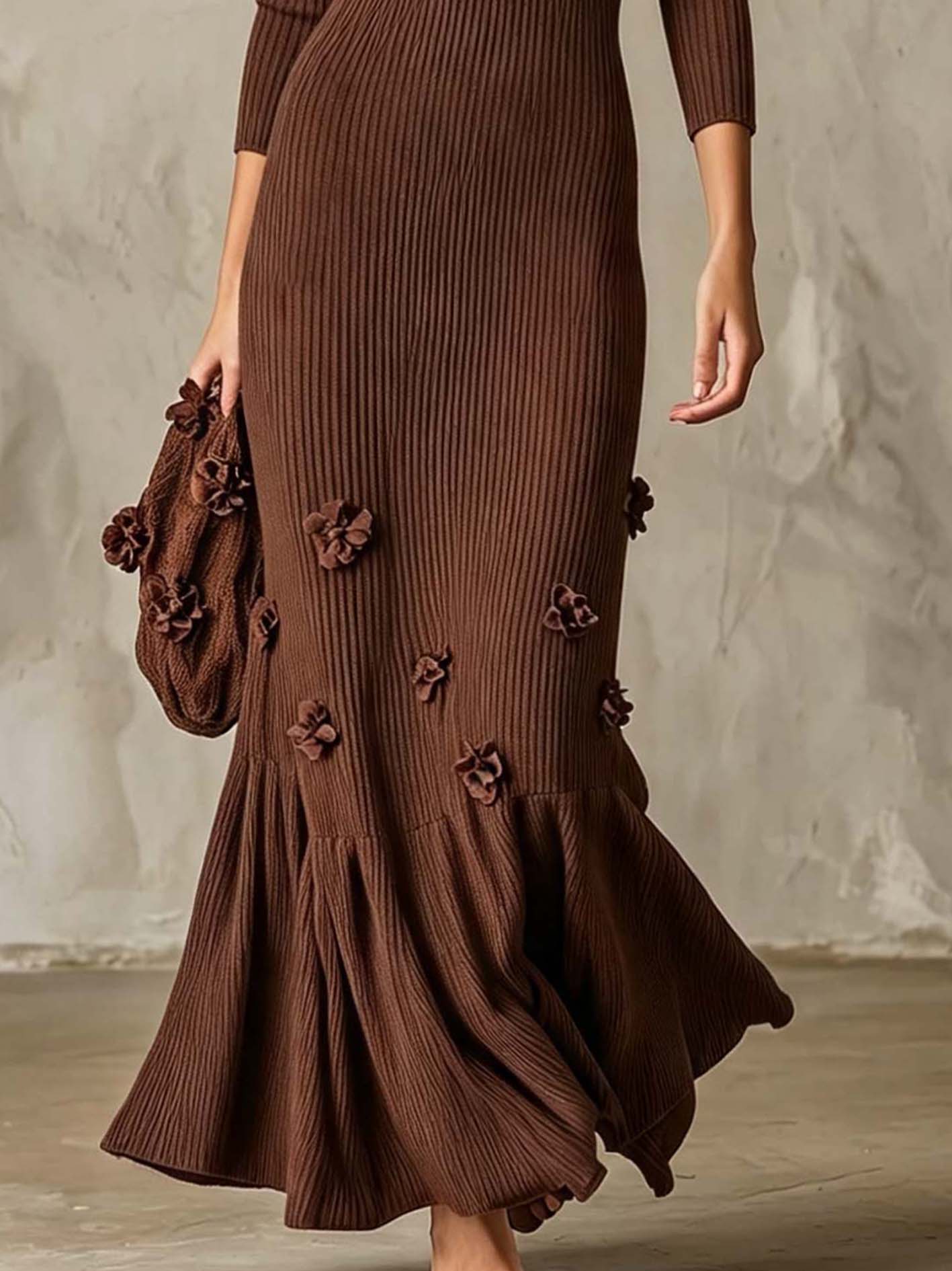 Chocolate Brown Ribbed Knit Maxi Dress With 3D Floral Appliques And Ruffle Hem