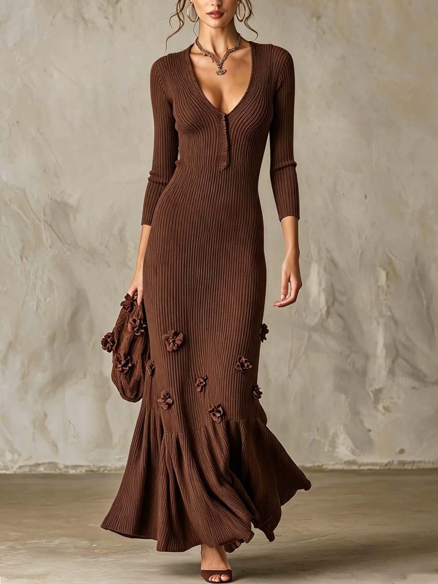 Chocolate Brown Ribbed Knit Maxi Dress With 3D Floral Appliques And Ruffle Hem